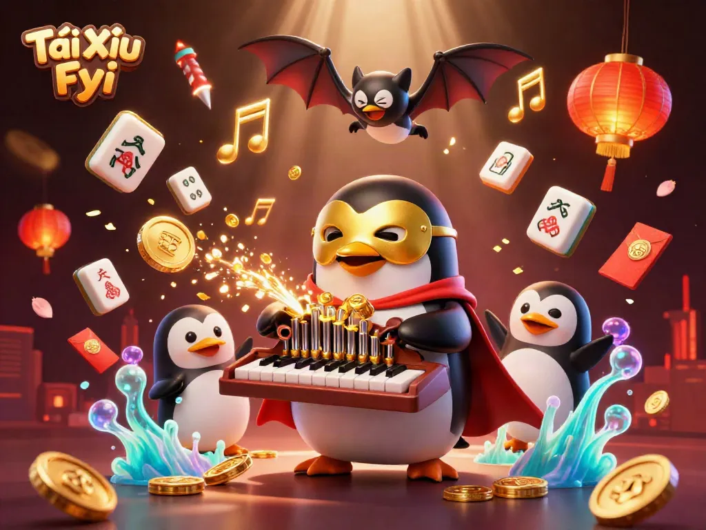 Tài Xỉu Fyi captivating scene with a phantom opera penguin, golden coins, and festive elements.