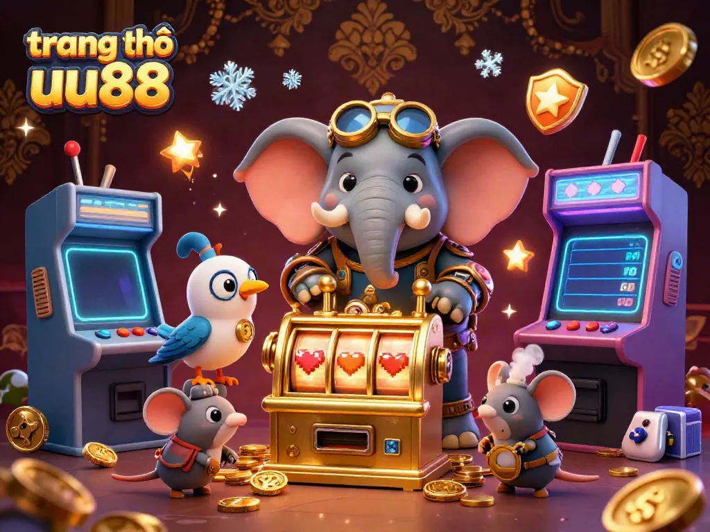 Spin the golden slot machine representation of trang chủ uu88 amidst a vibrant 3D casino scene filled with colorful arcade game elements.