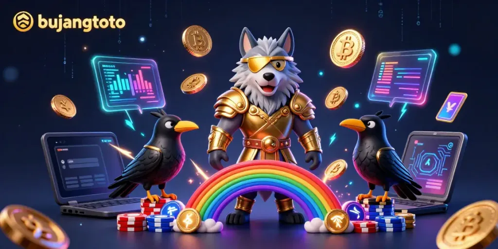 Experience the thrill of gaming at bujangtoto with vibrant Norse mythology characters and glowing crypto elements.