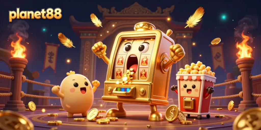 Experience a jackpot moment with planet88 as the golden slot machine wins big, surrounded by excitement.