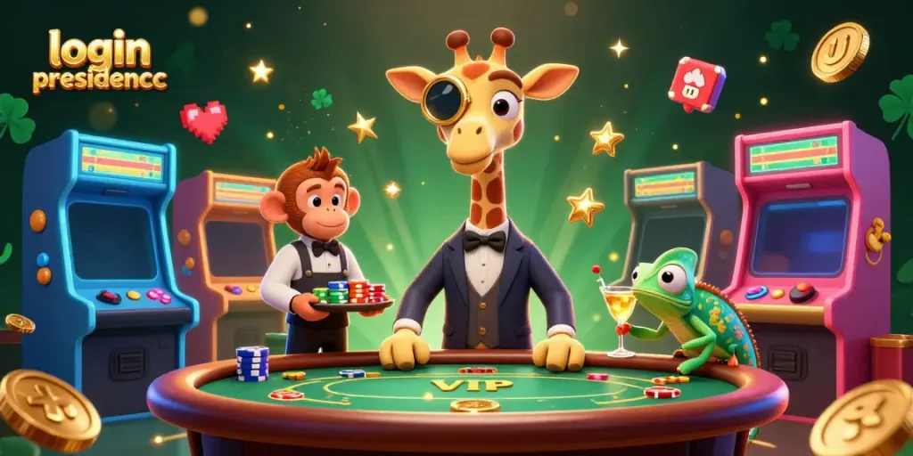 Engage with login presidencc in an immersive gaming scene featuring a giraffe, monkey, and chameleon.