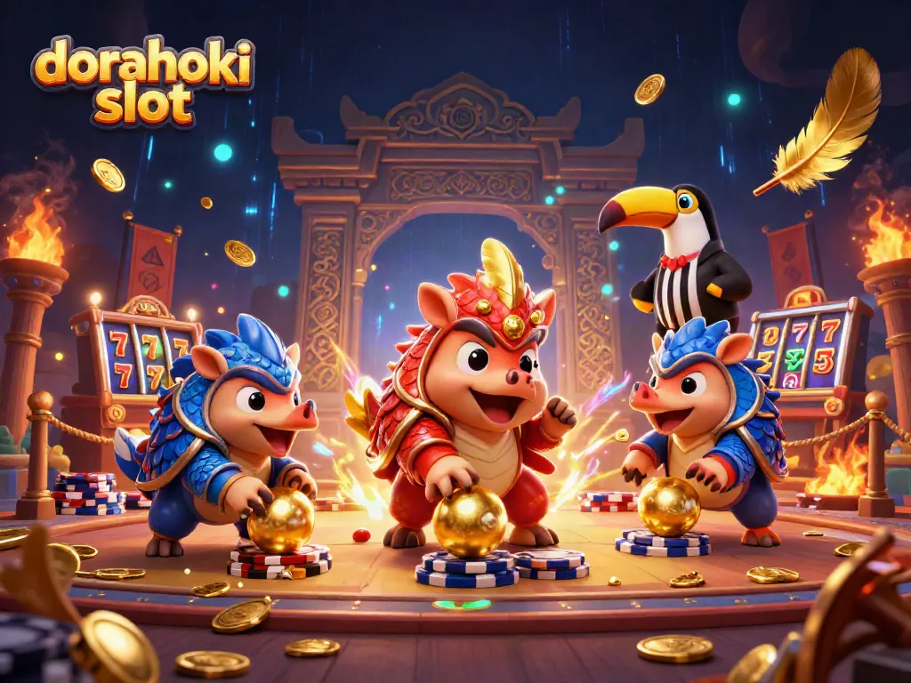Gambarkan aksi menarik dorahoki slot dengan pangolin bersaing dan elemen permainan kasino.