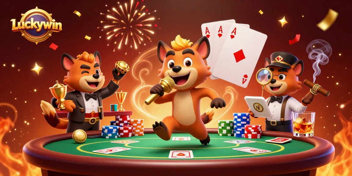 Experience the excitement at Luckywin's lively casino with hyenas, poker, and vibrant decor.