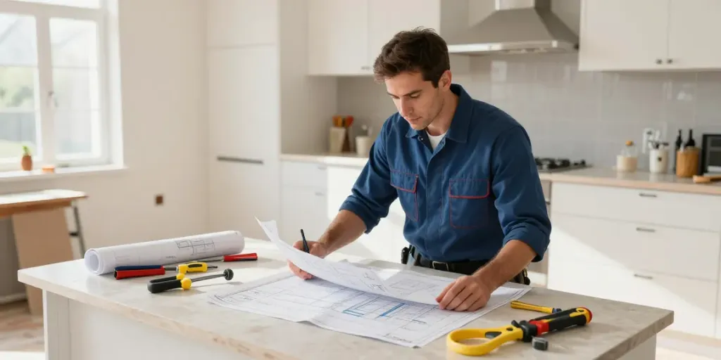 A trusted local contractor analyzing plans at a home renovation site, emphasizing their expertise in slot toto.