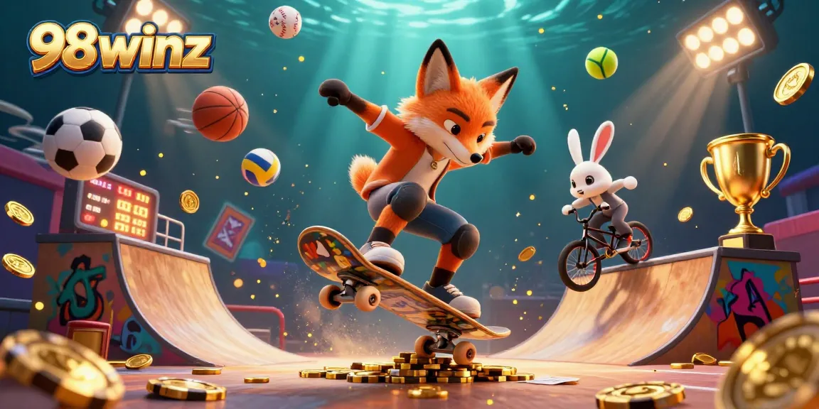 Experience thrilling gameplay at 98winz, featuring vibrant characters and dynamic casino elements in a colorful scene.