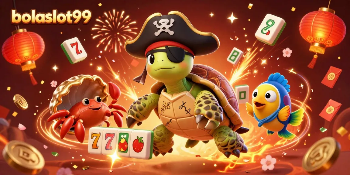 Experience thrilling spins with bolaslot99, showcasing a pirate turtle amid slot reels and vibrant casino elements.