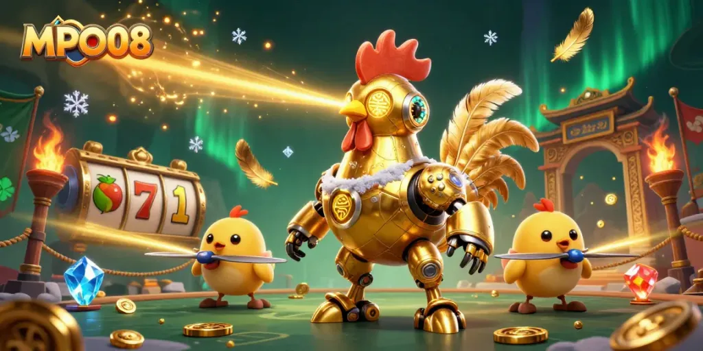Spin your fortune with MPO08's vibrant casino scene featuring golden rooster explosions.