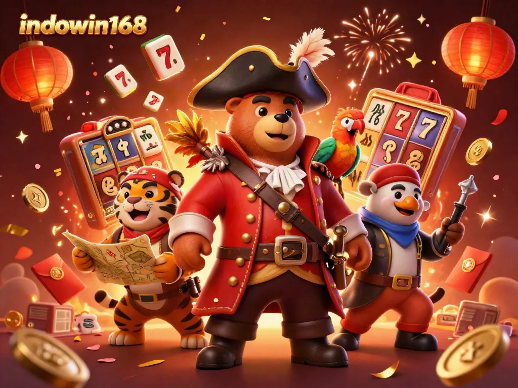 Experience excitement with indowin168 as a pirate bear, tiger mate, and gold confetti surround you.