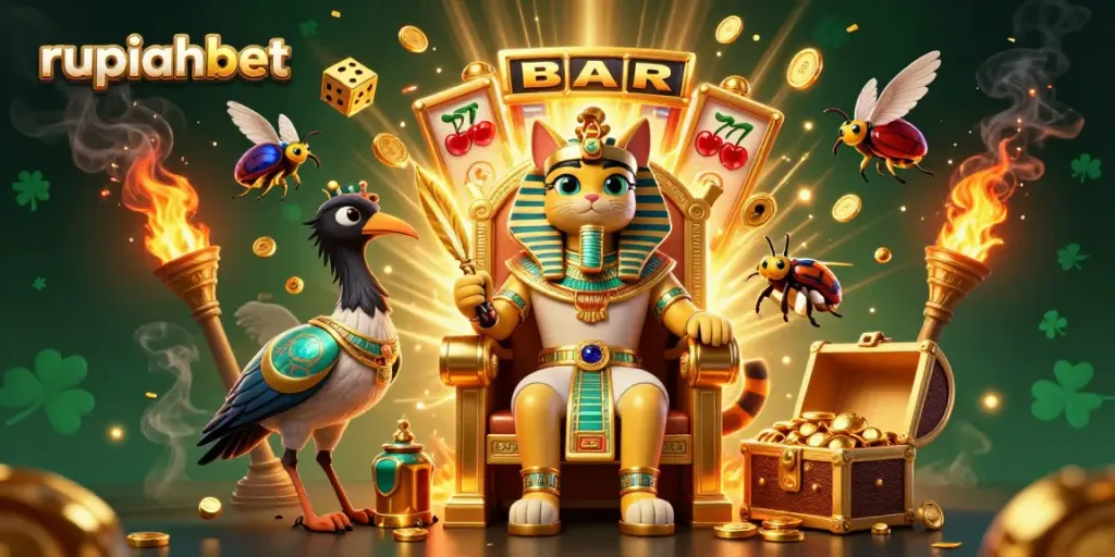 Experience the excitement of rupiahbet with a dynamic scene of casino characters, including a pharaoh cat and gaming elements.