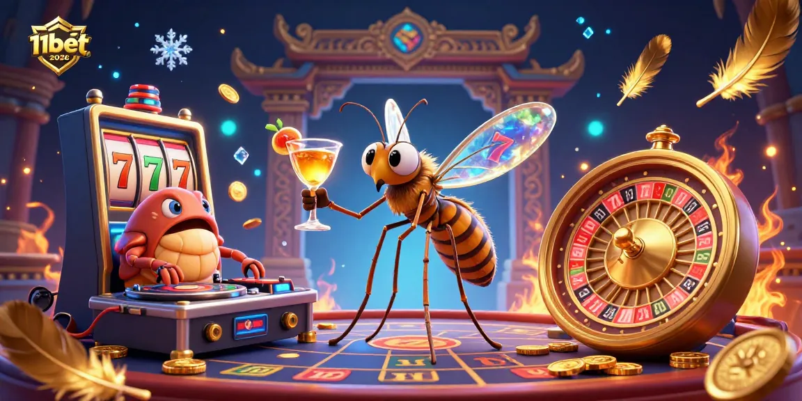 Experience the thrill of 11bet2026 with a vibrant 3D casino scene featuring a unique frozen mosquito mascot and a trilobite DJ.