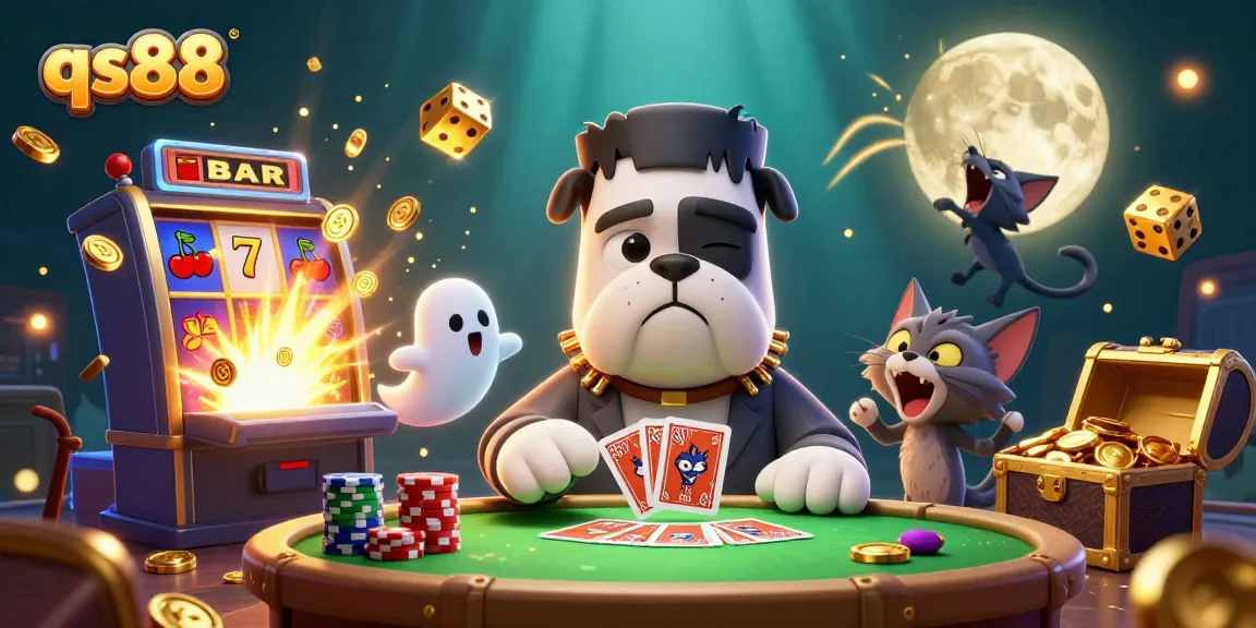 Experience thrilling gameplay with qs88 as a 3D Frankenstein bulldog dealer at an exciting casino table.