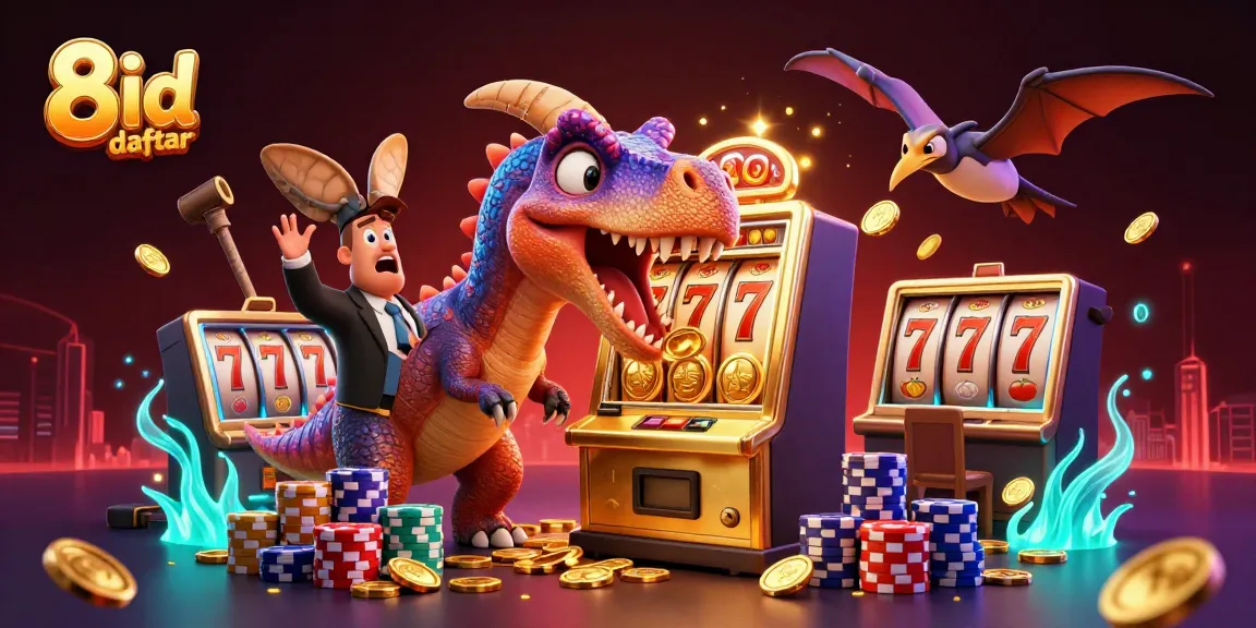 8id daftar: A dynamic scene of a pachycephalosaurus winning a jackpot with a slot machine in a lively casino atmosphere.