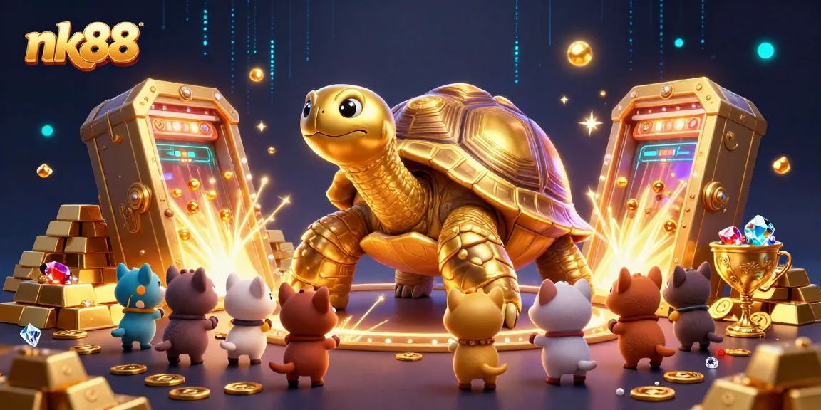 Experience the thrill of nk88 as small animals play on a colossal golden tortoise, surrounded by treasures.