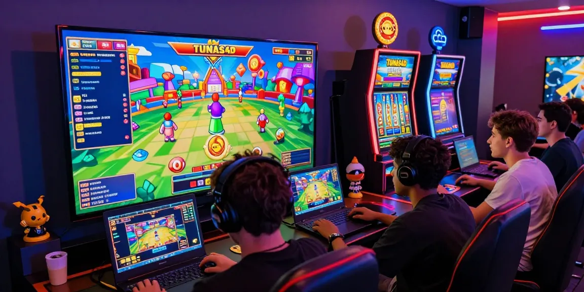 Exciting Tunas4D gaming scene showcasing players enjoying vibrant slot machines in a neon-lit environment, highlighting the thrill of online gaming.