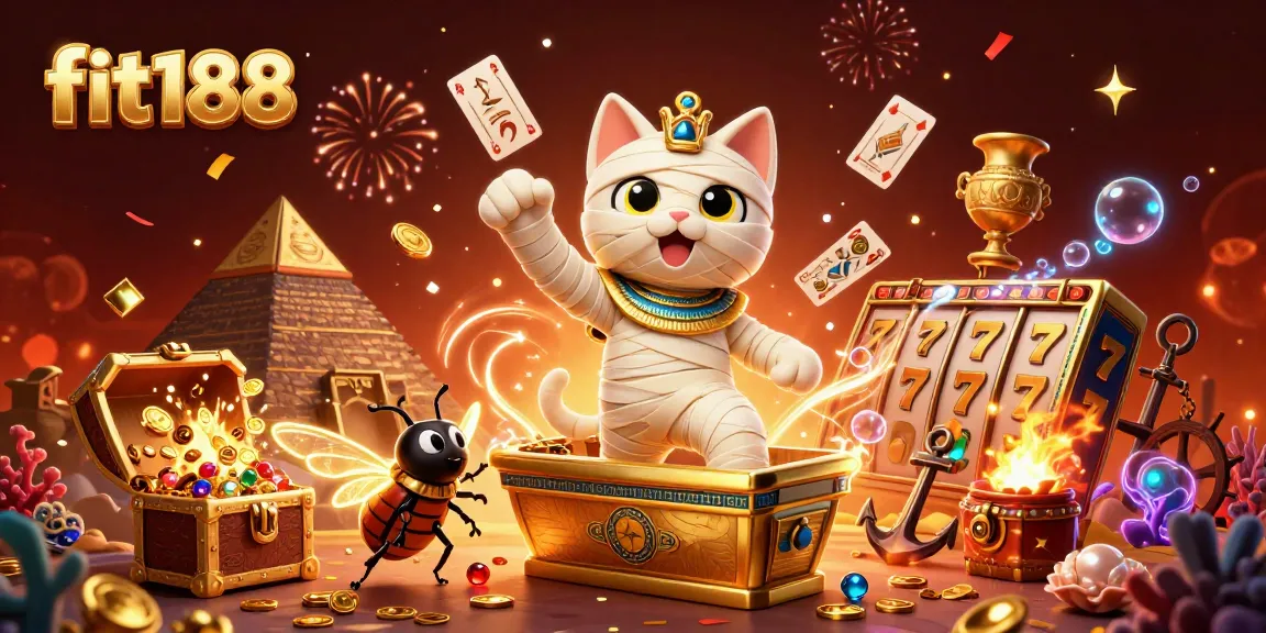 Fit188 menghadirkan ilustrasi kasino berwarna-warni dengan kucing mumi dan elemen slot yang menarik.