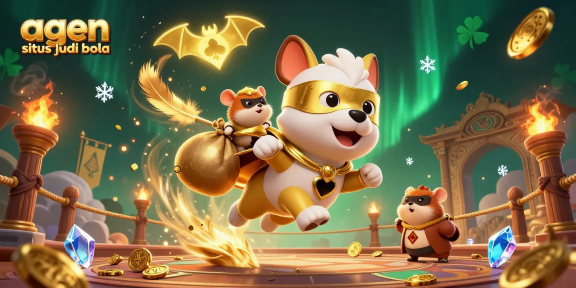 Bet on agen situs judi bola with a heroic dog and hamster in a vibrant casino scene full of action.