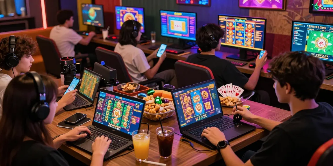 Sunwin gaming experience with friends enjoying online casino games in a vibrant space.