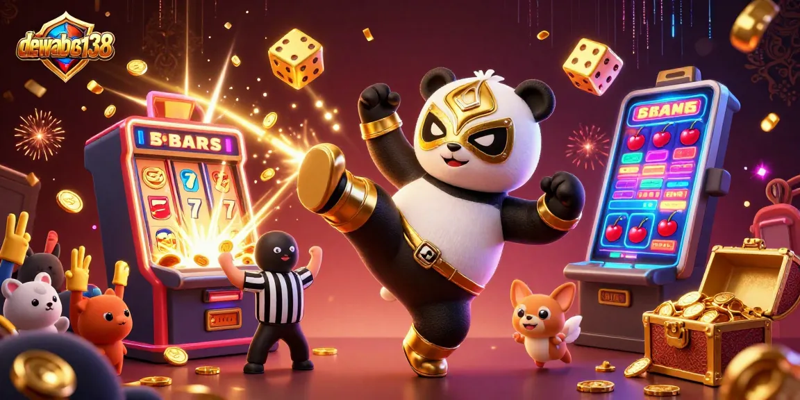 Dewabos138 menghadirkan suasana slot gacor dengan panda pegulat, chihuahua wasit, dan penonton hewan kecil.