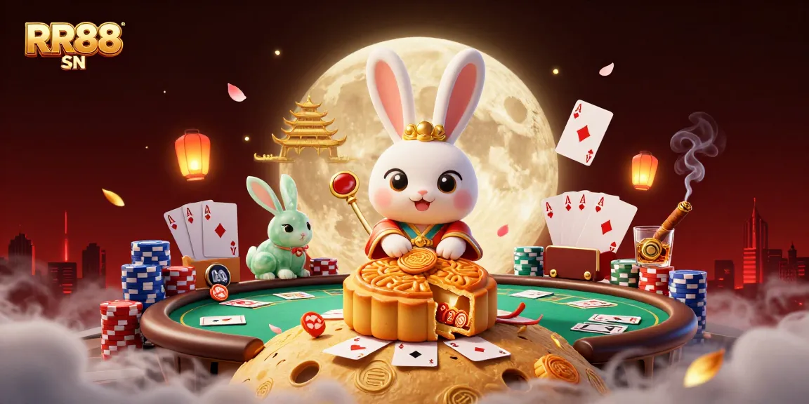 Experience the thrill of RR88 SN with a vibrant 3D illustration of a moon rabbit revealing poker chips.