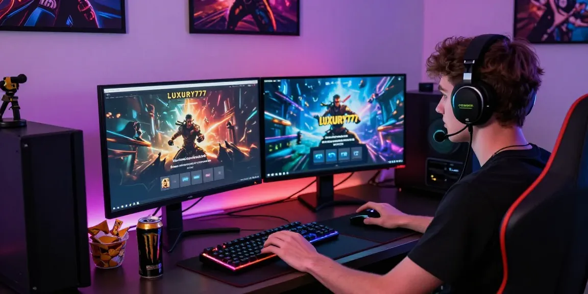 LUXURY777 Login saat seorang gamer fokus di meja gaming modern dengan suasana nyaman dan kompetitif.