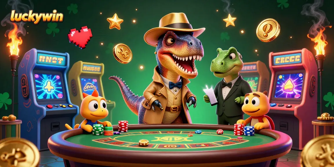 Luckywin dinosaur characters play poker and sneak chips in a vibrant casino scene.