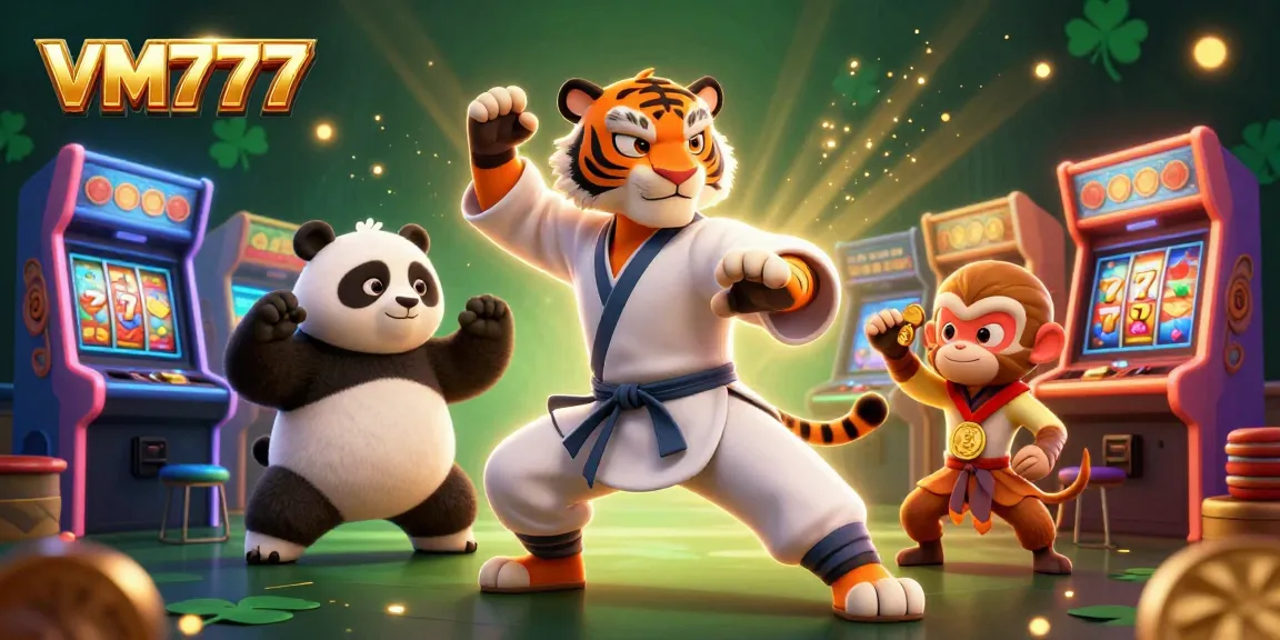 Engage with VM777's vibrant casino experience featuring a kung fu tiger master and playful characters.