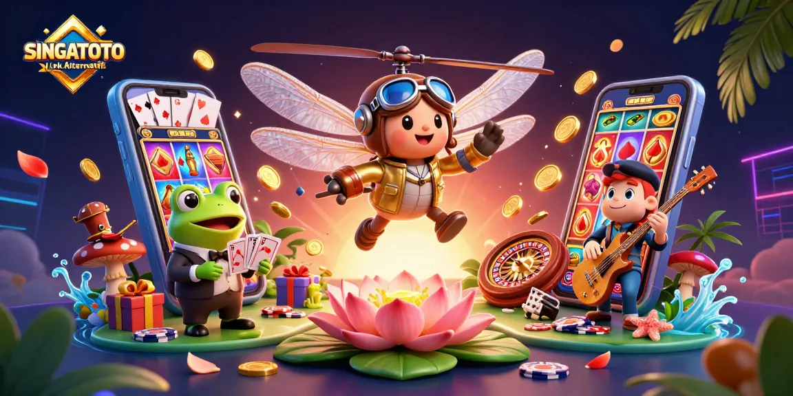 SINGATOTO Link Alternatif menang di kasino dengan karakter menarik, dealer kartu, dan permainan slot.