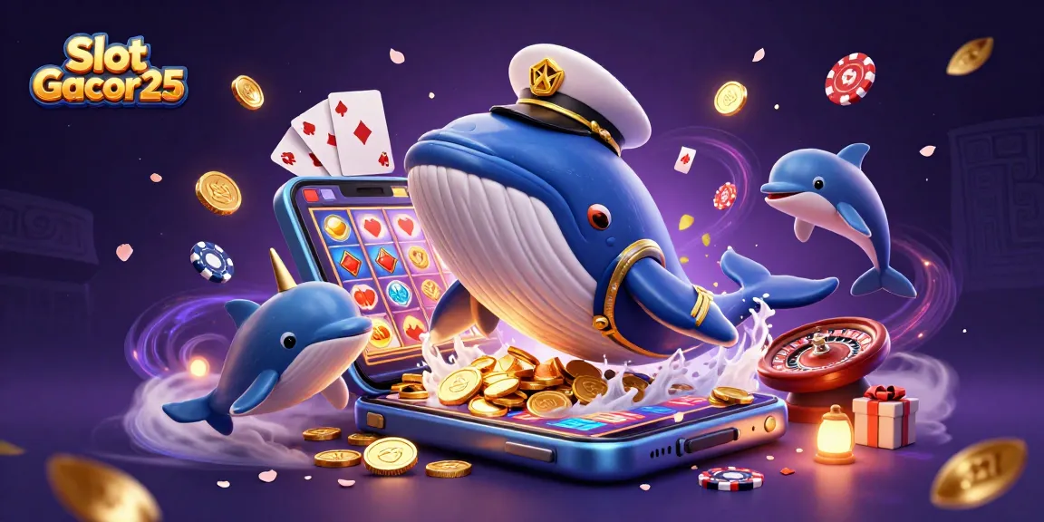 Slot Gacor25 menampilkan paus kartun raksasa di tengah tumpukan koin, dikelilingi perangkat slot interaktif dan efek visual yang menawan.