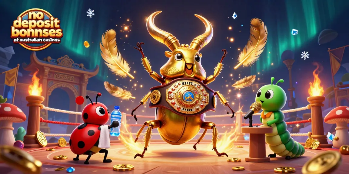 No deposit bonuses at Australian casinos featured in a vibrant 3D illustration of a golden stag beetle champion.