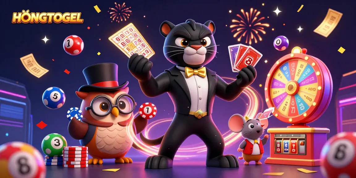 Menggandakan keseruan HONGTOGEL dengan panther elegan membagikan kartu dikelilingi bola lotere berwarna-warni.