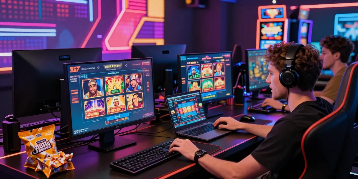 Pengguna antusias bermain di platform SIS77, dikelilingi oleh perlengkapan gaming dan suasana yang ceria.