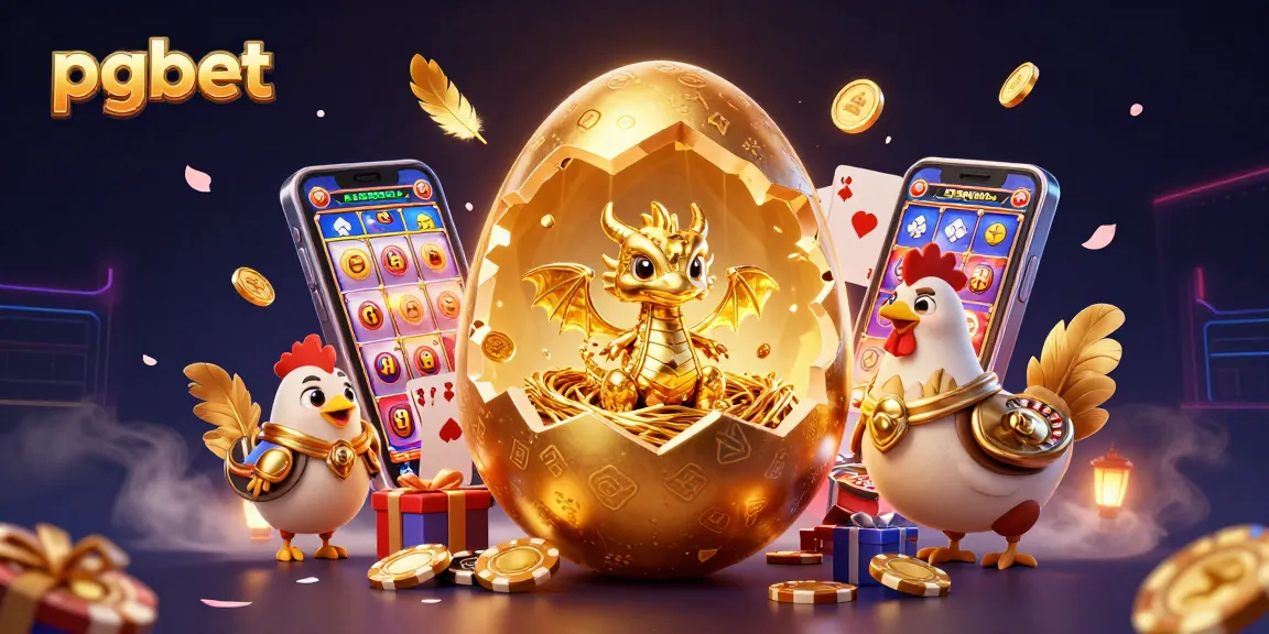 Mainkan pgbet dengan ilustrasi penuh warna tentang naga emas dan poker chip.