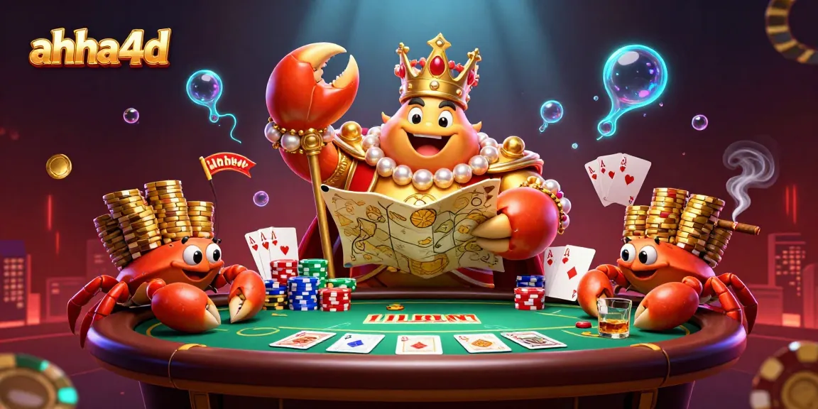Engage in thrilling poker fun with ahha4d's golden crab emperor surrounded by game elements.
