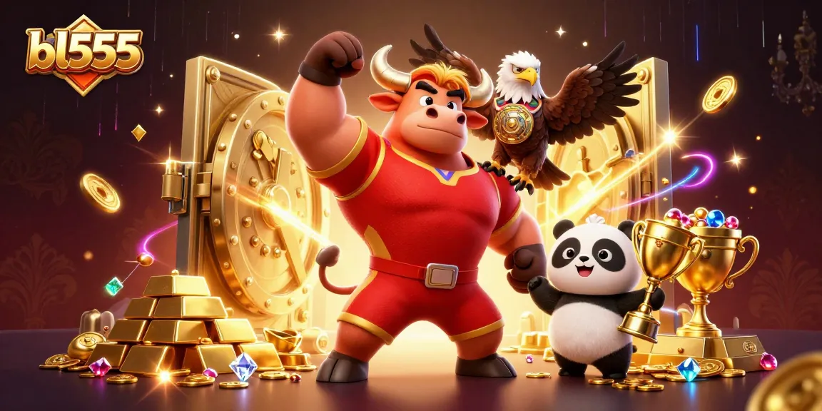 Experience thrilling wins at bl555 with a cartoon bull, eagle, and panda, celebrating casino jackpots.
