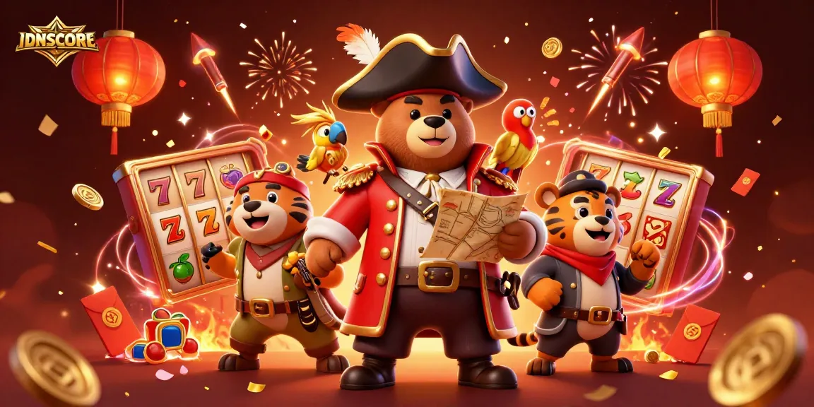 Experience the thrill of IDNSCORE with dynamic slot elements, celebrating casino fun with a playful pirate theme.