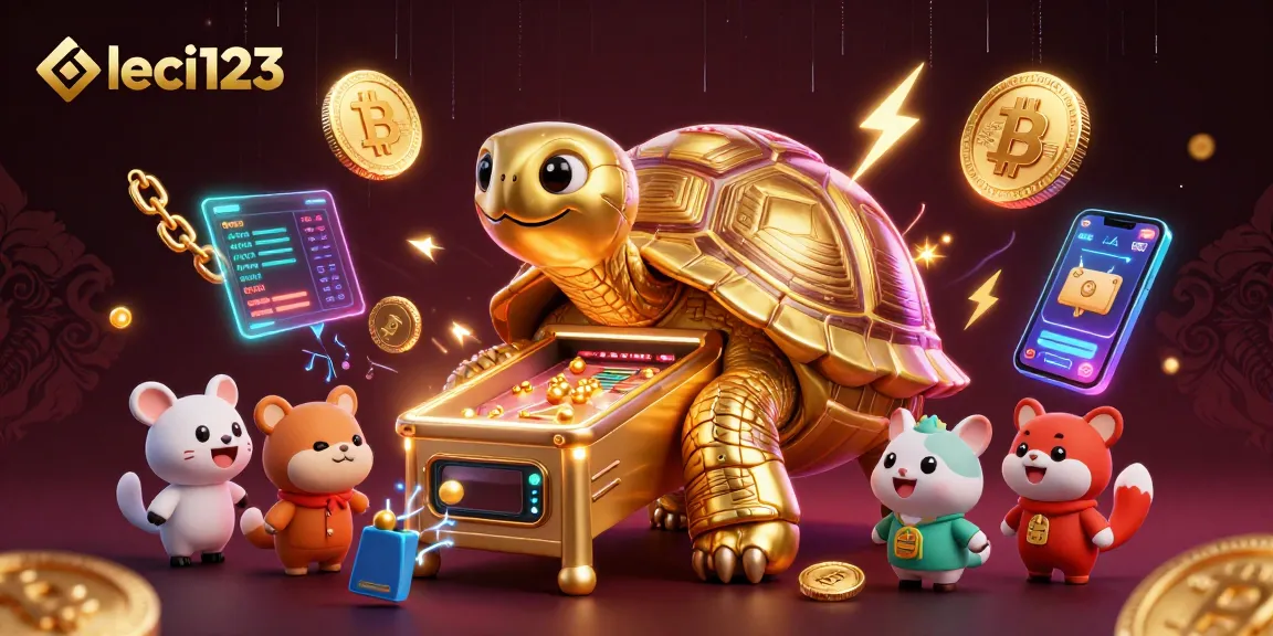 Play exciting games with leci123 featuring a colossal tortoise pinball machine and glowing crypto coins.