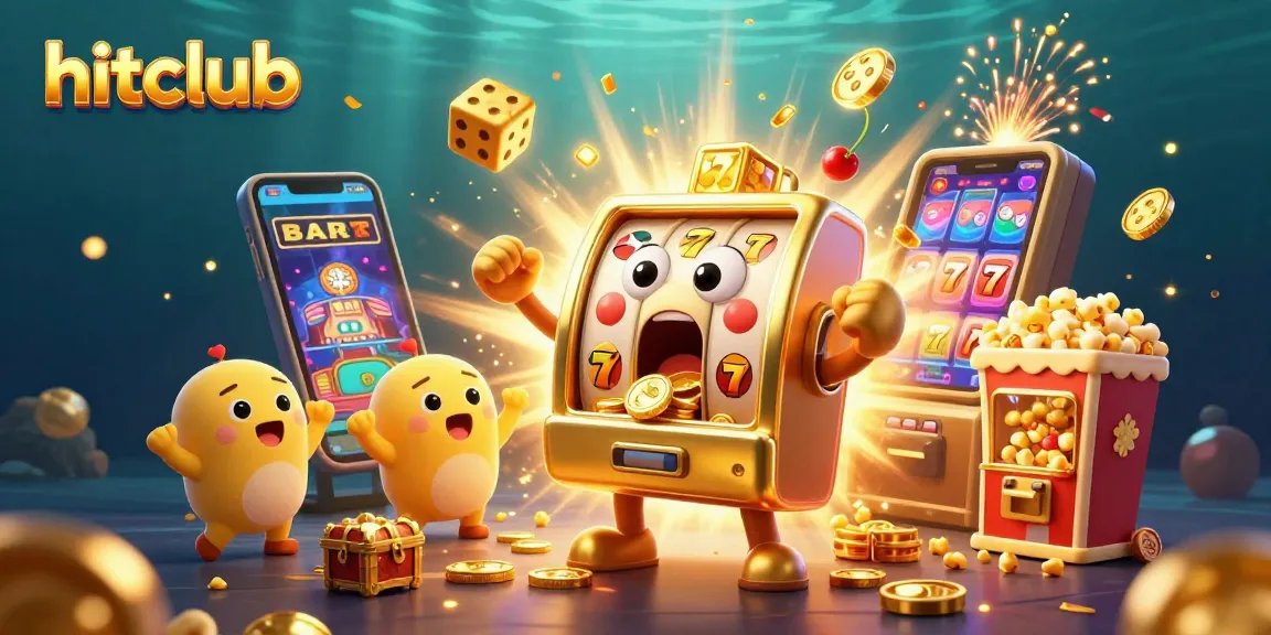 Hitclub jackpot scene featuring animated slot machines and coins bursting, symbolizing winning excitement.