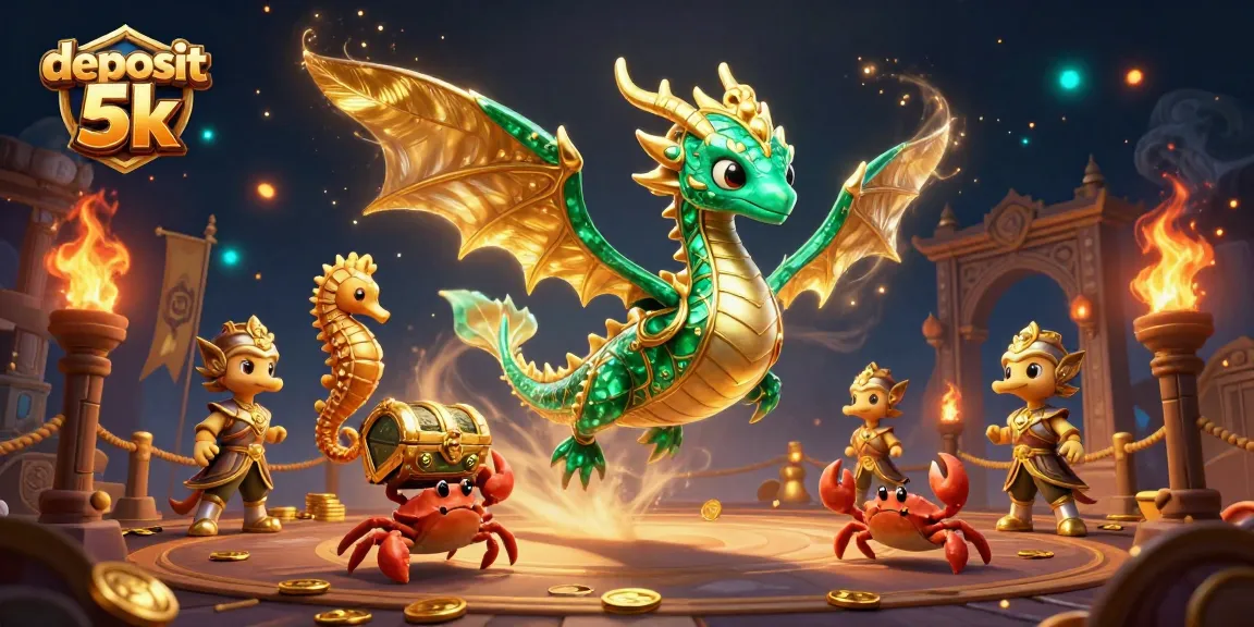 Engage with deposit 5k offers through a lively casino-themed illustration showcasing a dynamic dragon and crabs.