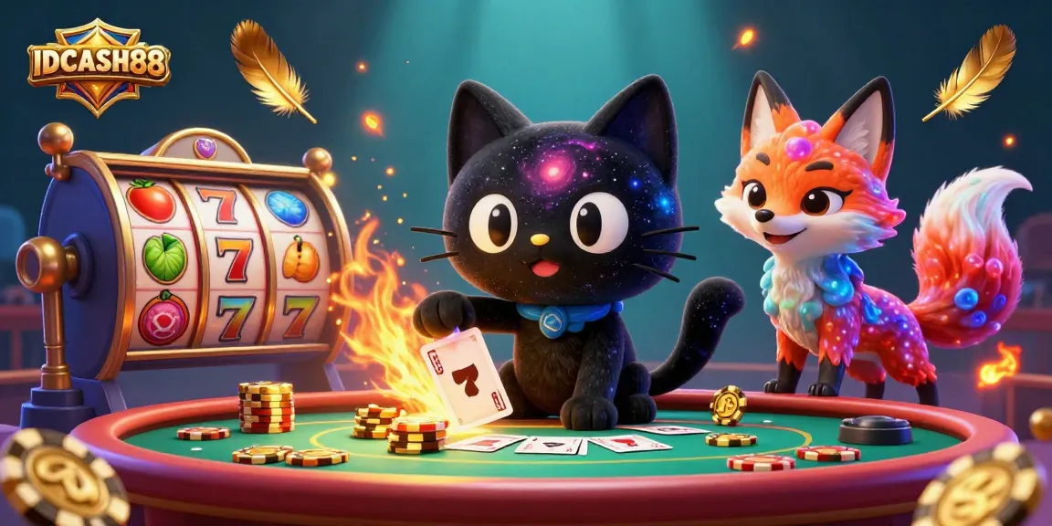 Experience the lively casino scene at IDCASH88, featuring vibrant characters and engaging slot game elements.