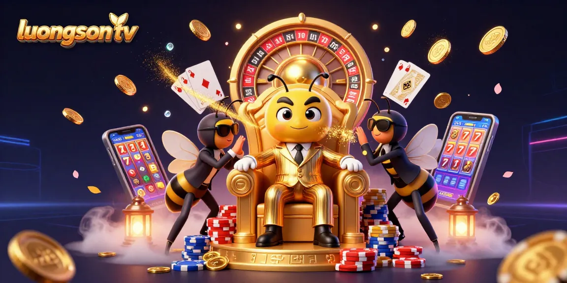 Experience thrilling games with luongson tv featuring a vibrant cartoon scene of a gambling bumblebee mob boss.