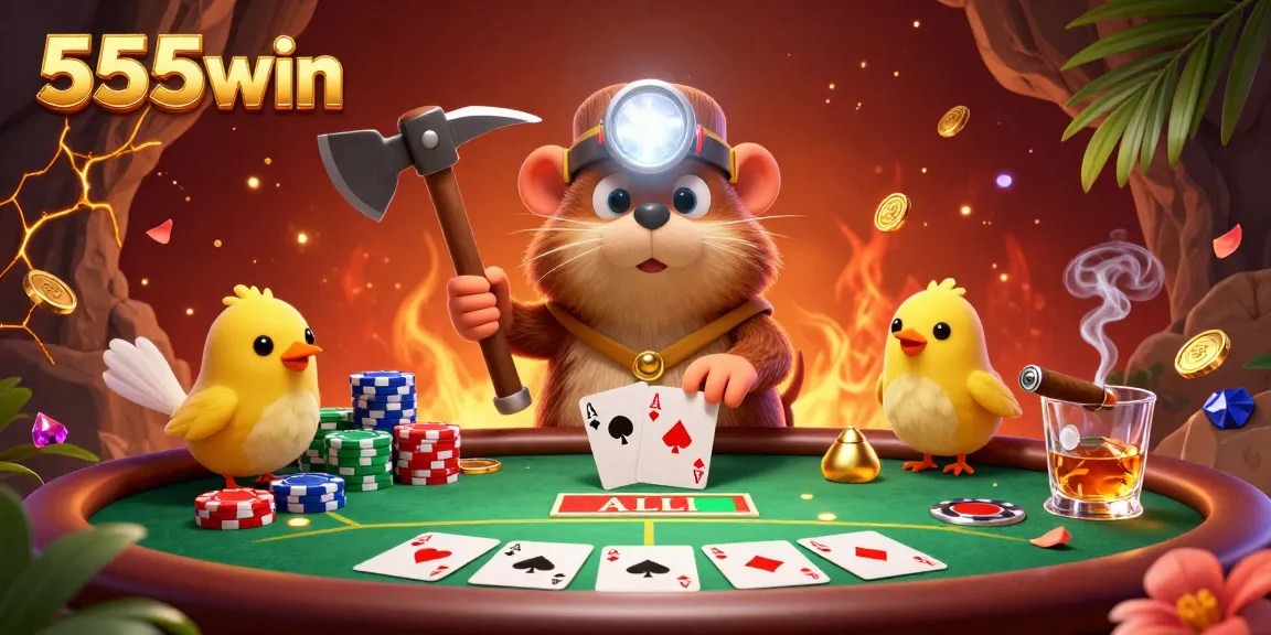 Join the adventure and win big with 555win at a lively poker scene featuring treasure hunter characters!