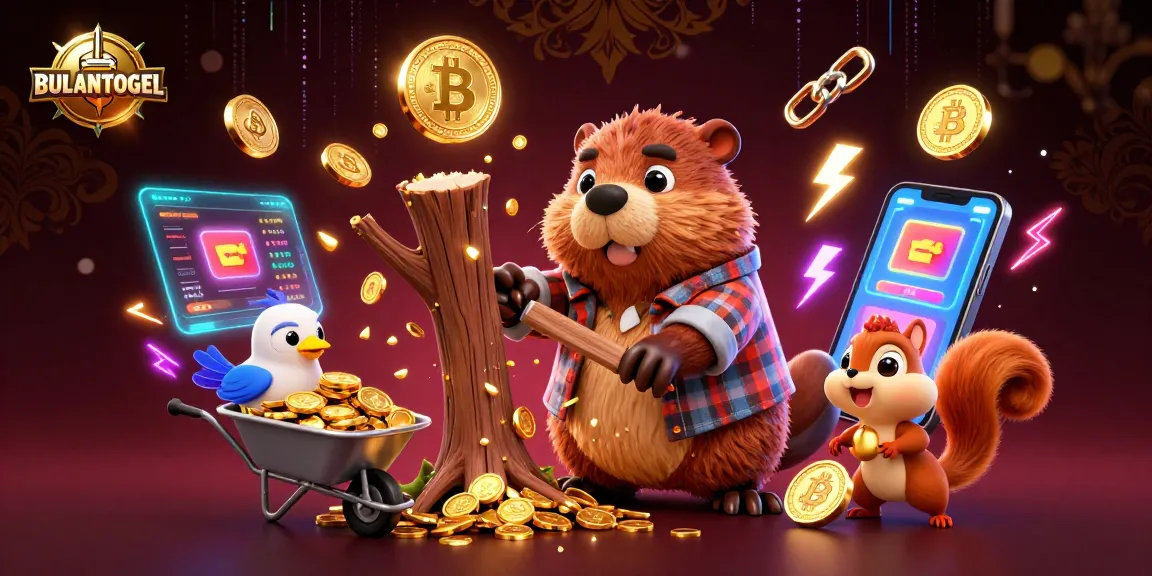 BULANTOGEL showcases a vibrant scene with a beaver, bird, and squirrel amidst glowing cryptocurrencies in a dynamic casino environment.