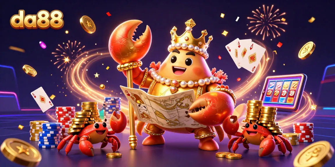 Engage with da88's vibrant casino theme, showcasing a golden crab emperor amidst rich gambling elements.