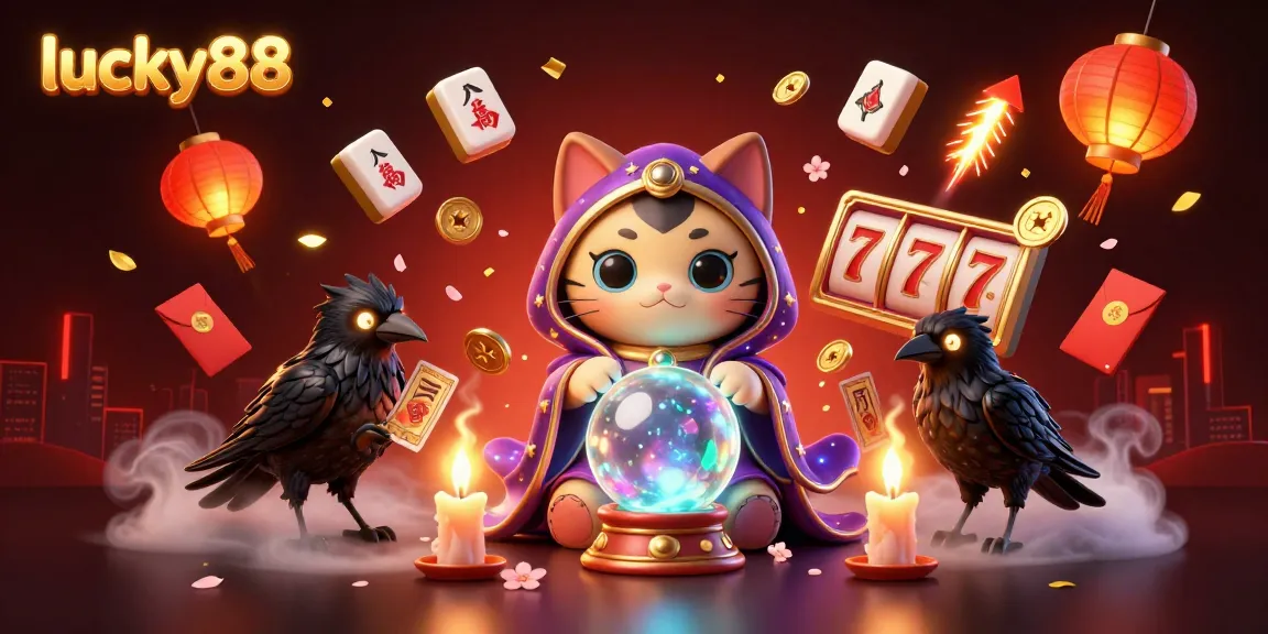 Engage with lucky88's vibrant slot games, featuring a fortune teller cat and mystical illustrations.