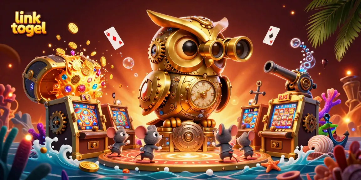 Engage with link togel featuring a golden owl and dynamic casino scene full of vibrant treasures.