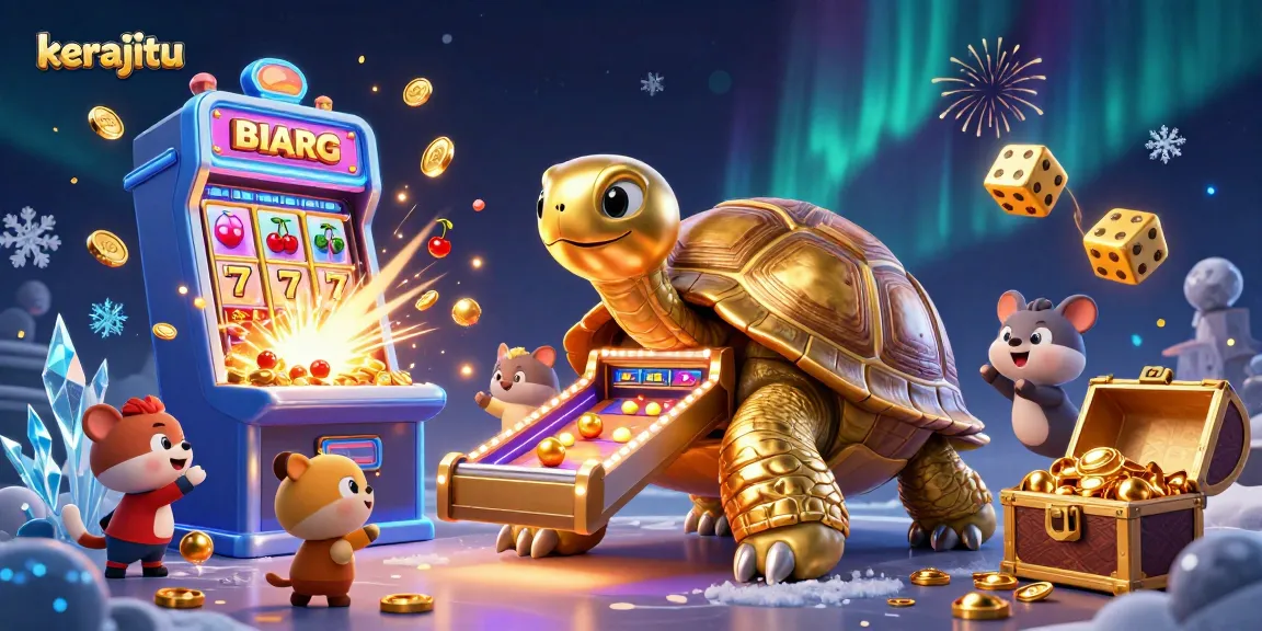 Engage with kerajitu's exciting 3D cartoon casino scene featuring vibrant slot machines and jubilant characters.