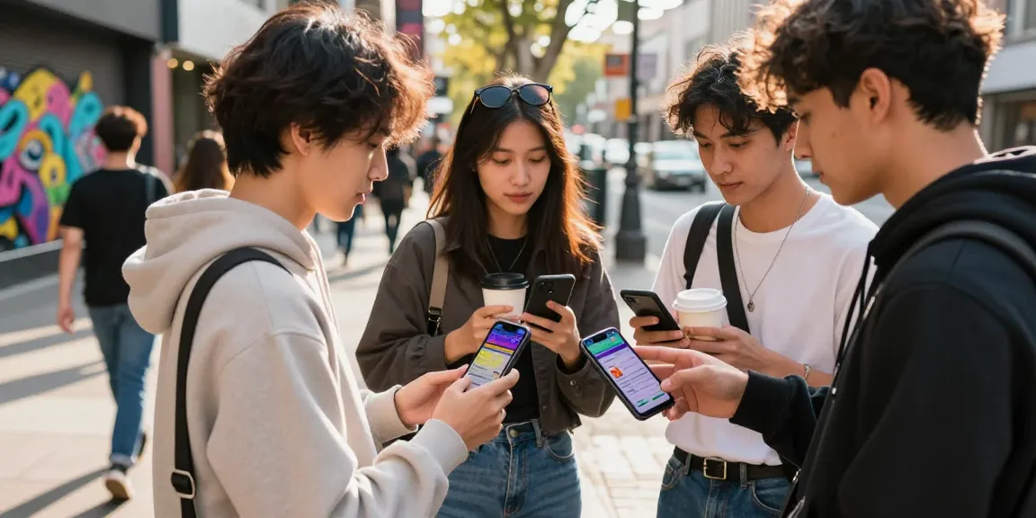 Young friends discussing situs togel strategies in vibrant urban setting, showcasing mobile devices and street style.