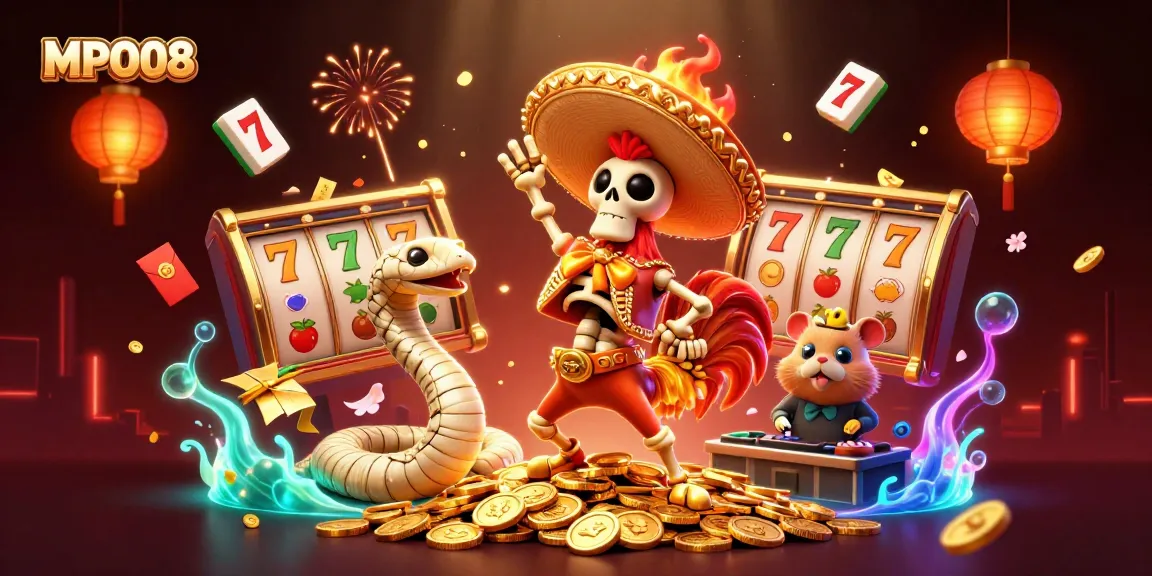 MPO08 celebrates winnings with an exciting 3D illustration of a mariachi rooster and characters amidst a vibrant casino scene.