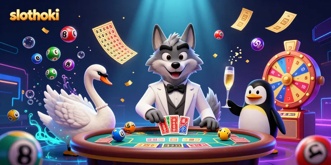 Slot hoki meriah dengan karakter serigala, angsa, dan penguin dalam suasana kasino yang megah.