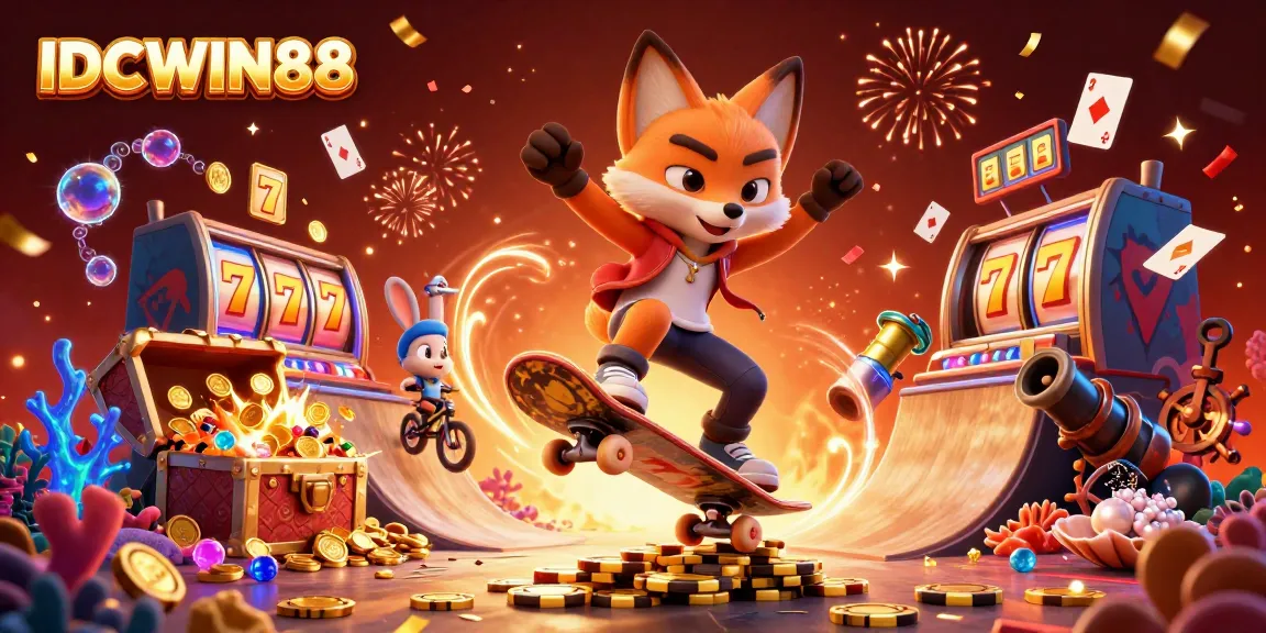 Experience excitement at IDCWIN88 with a skateboarder fox and BMX rabbit amidst casino symbols and slot elements.